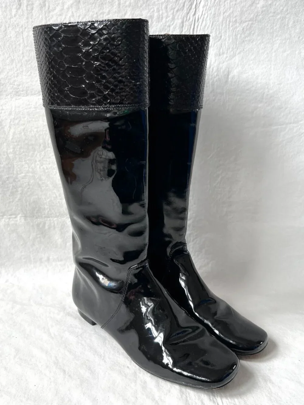Coach boots knee high Fresna womens 7.5 black patent leather snake zip up flat